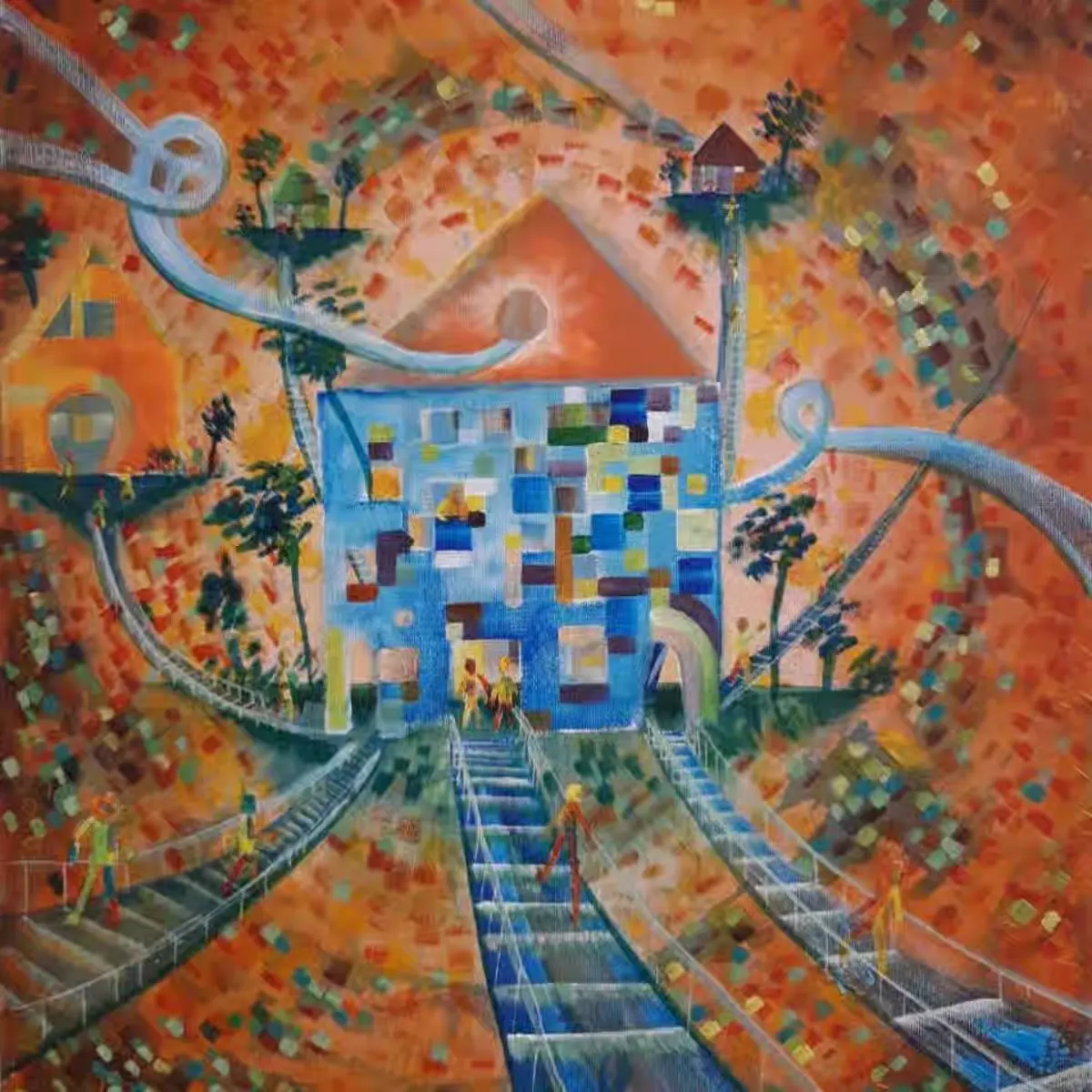 Peinture de la Maison Passerelle : une maison colorée reliée au monde par des passerelles